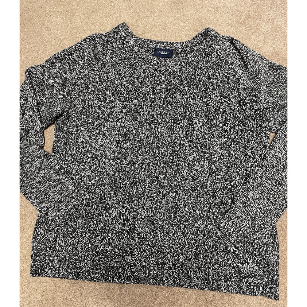 Lands' End Drifter Sweater‎ Cable Cross Hatch Knit Womens XL 18 Black White